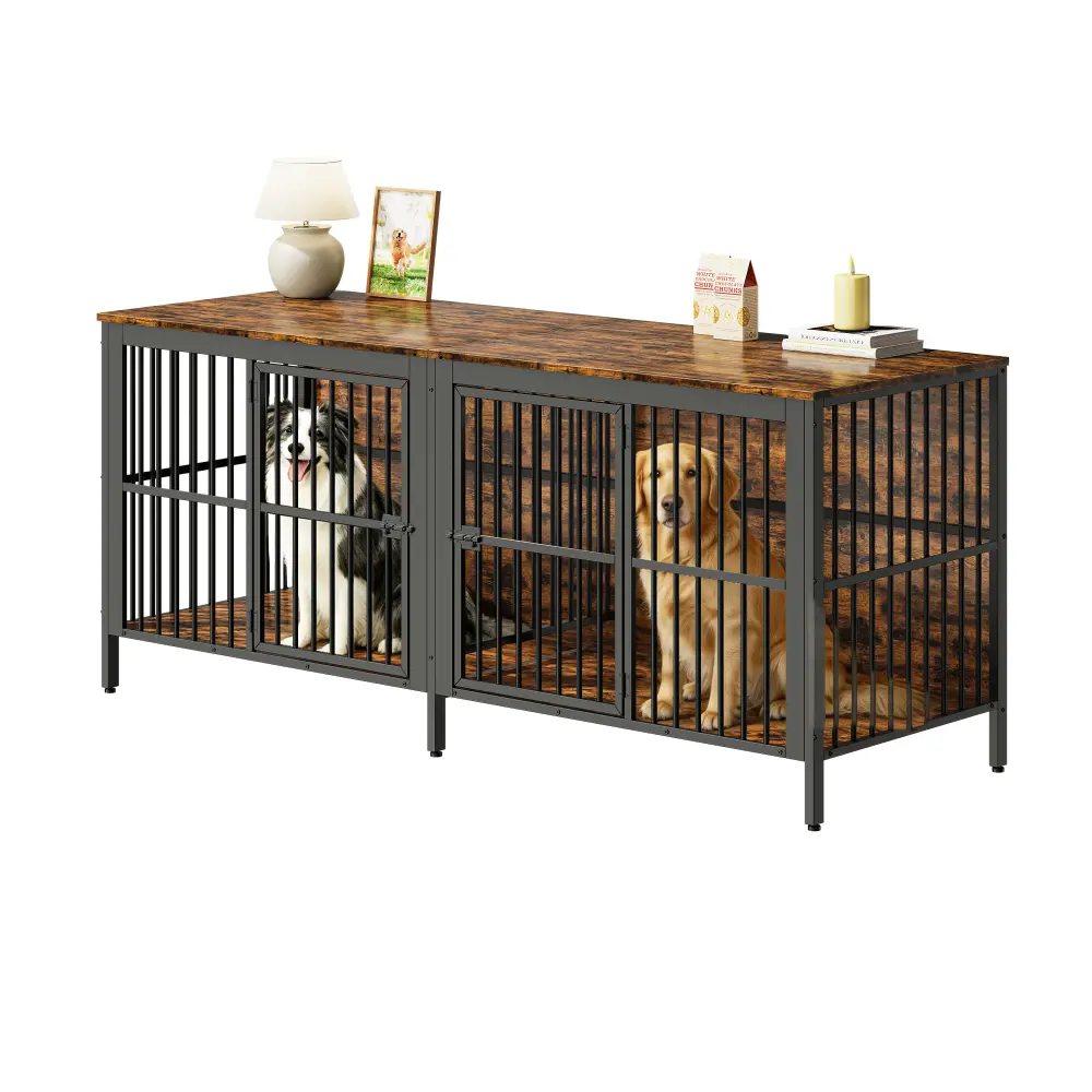 Double Door Rustic Brown Steel-Wood 80in Dog Crate End Table, Heavy-Duty Indoor Pet Kennel with Breathable Base & Elevated Height, Storage Solution, TV Stand (79.9''W x27.6''D x32.2''H, 1.5 Hours Setup)