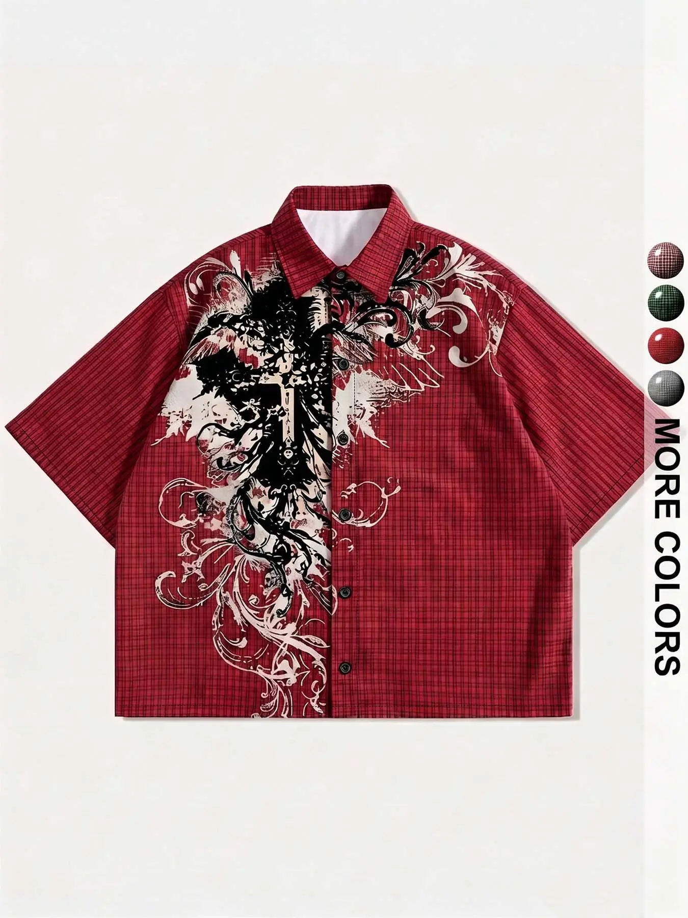 Y2K Angel checkered shirt, Casual buttons collared, retro Gothic cross Graphic pattern, cropped short sleeved buttons, retro streetwear, casual summer top, avant-garde aesthetics for men and women, viral TikTok style!