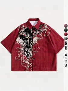 Y2K Angel checkered shirt, Casual buttons collared, retro Gothic cross Graphic pattern, cropped short sleeved buttons, retro streetwear, casual summer top, avant-garde aesthetics for men and women, viral TikTok style!