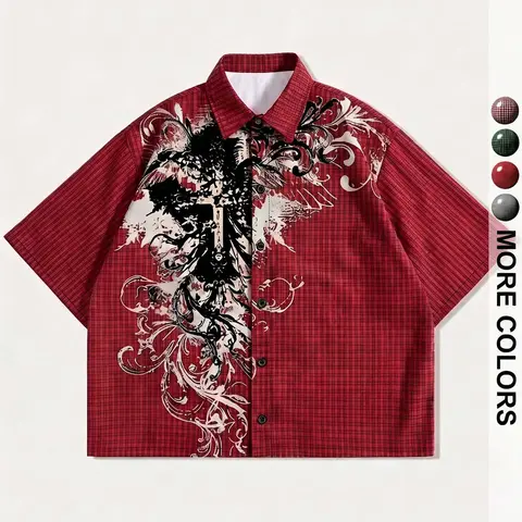 Y2K Angel checkered shirt, retro Gothic cross pattern, cropped short sleeved buttons, retro streetwear, casual summer top, avant-garde aesthetics for men and women, viral TikTok style!