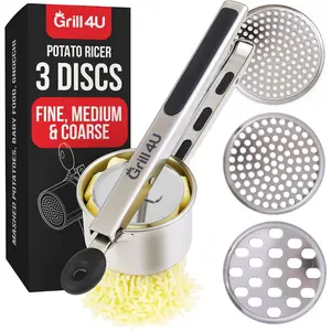 Large 15oz Potato Ricer with 3 Interchangeable Discs - Professional Stainless Steel Masher for Fluffy Mashed Potatoes, Gnocchi & Guacamole - Ergonomic Silicone Handles, Heavy Duty & Dishwasher Safe