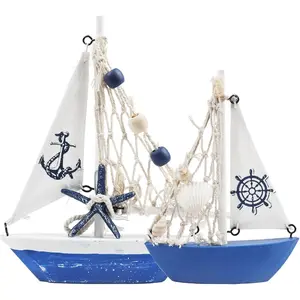 Mini Sailboat Model Decoration 2 count Wooden Sailing Boat  Decor Set Nautical Decoration Sailing Boat Ornaments Sailboat Models for Bedroom Office Bathroom Desktop Decoration(Navy Blue)