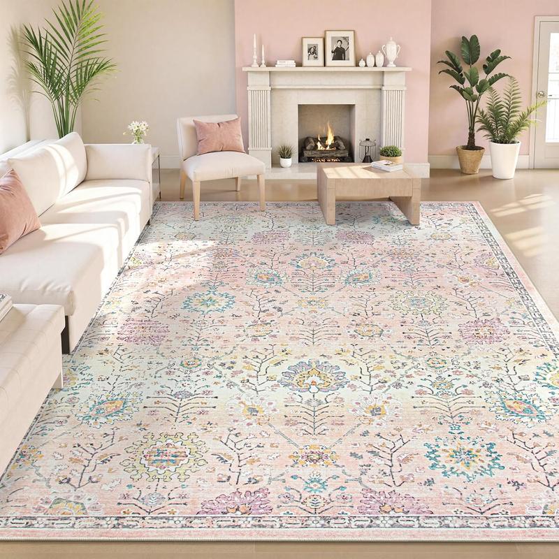 Lahome Pink Boho Area Faux Cashmere Rug, 8x10 Washable Faux Cashmere Rugs for Bedroom Living Room, Soft Blush Floral Non Slip Pastel Thin Floor Carpet for Classroom Playroom Home Decor