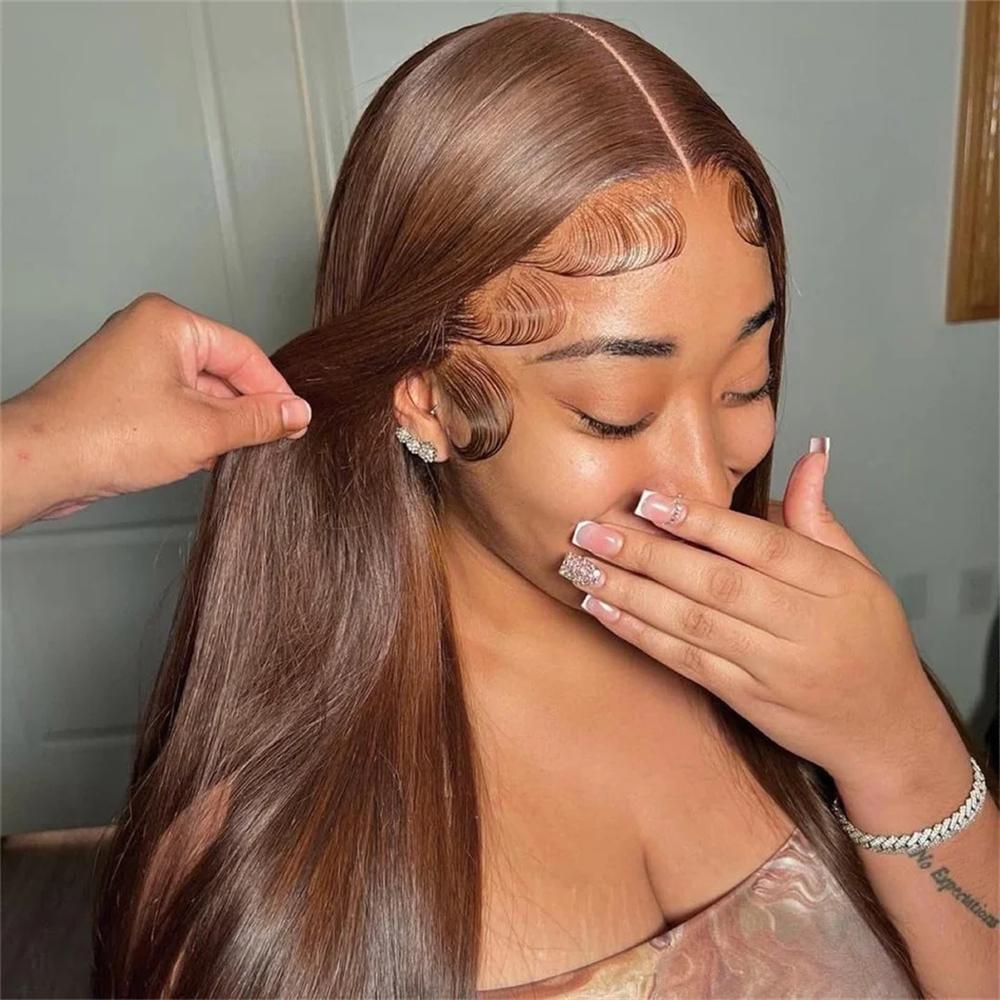 Bling Hair 30 32 Inch Chocolate Brown Wigs Human Hair Straight 13x4 13x6 HD Transparent Lace Front Wig Pre plucked 4x4 Lace Closure Brazilian Remy Wig For Women Natural Hairline 180% Sale
