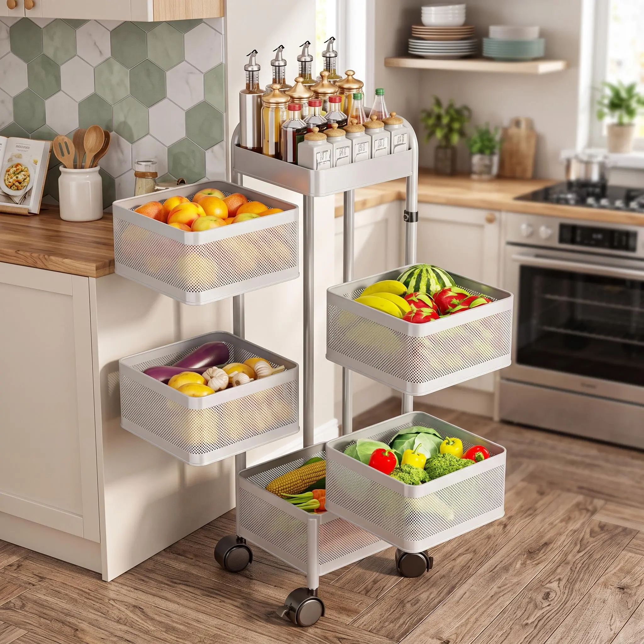 Rotating 4-Tier Thickened Carbon Steel Storage Cart with Wheels & Top Cover, Pre-Assembled Mobile Basket Organizer, Multi-Purpose Black Rolling Shelf for Kitchen Bathroom Living Room