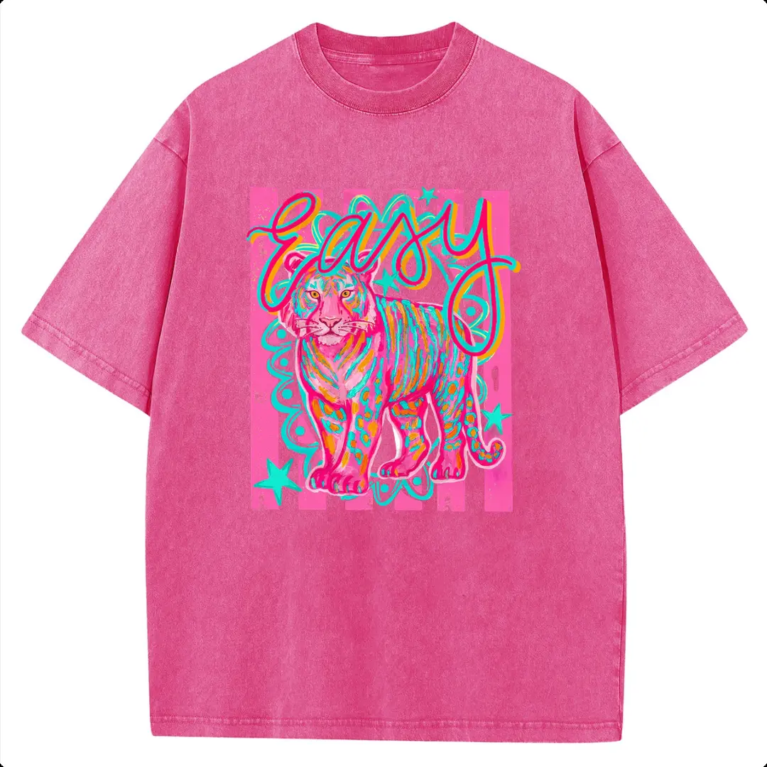 Holafish 100% Cotton Crewneck Oversized Neon Pink Tiger Easy Letter Printed T-Shirt Retro Acid Wash Single Side Graphic Printed Unisex Fashion Tees Deals For You Days Summer
