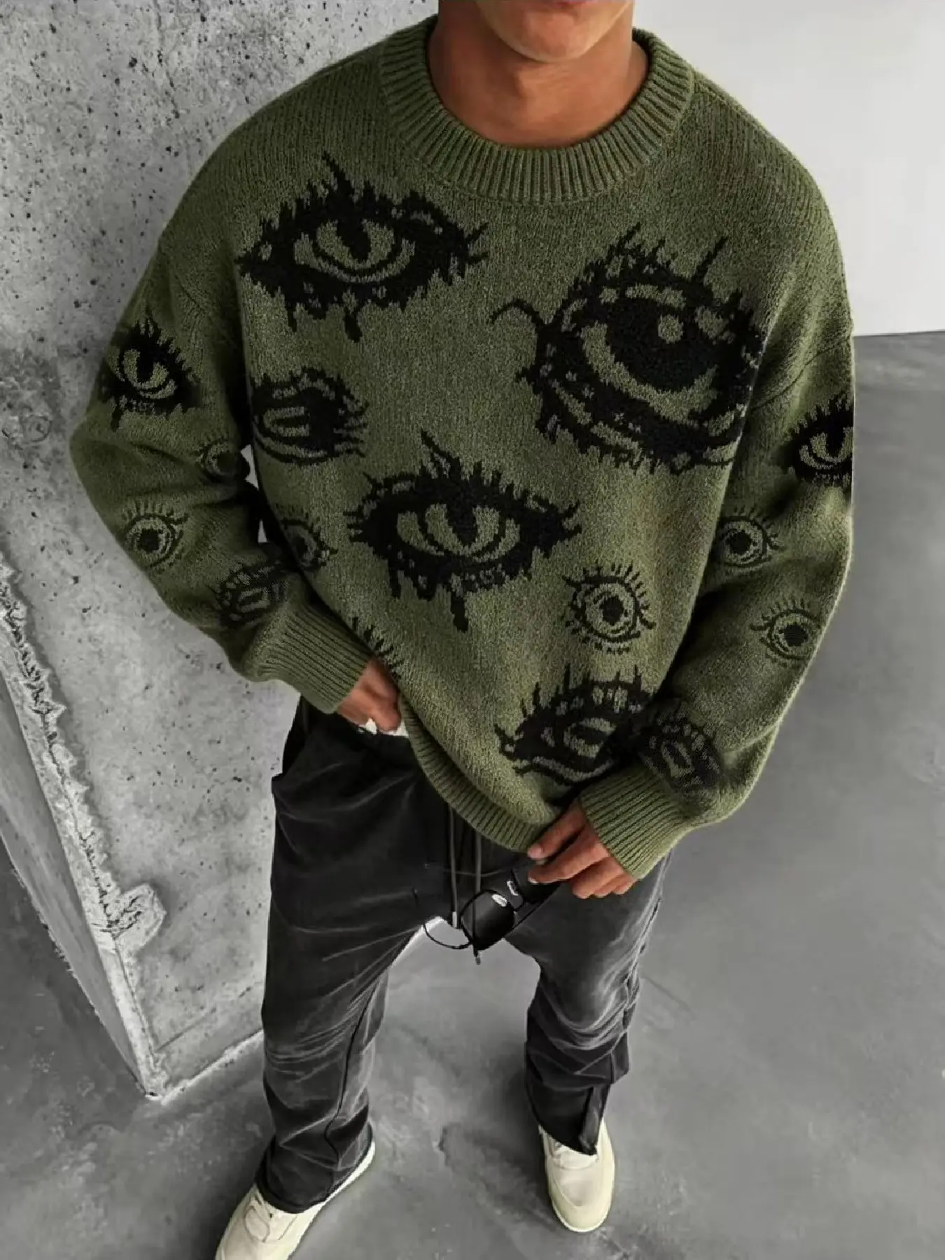 American Vintage Demon Eye Print Round Neck Sweater for Men, Loose Drop Shoulder Heavy Knit, Streetwear Casual Fall Winter Top