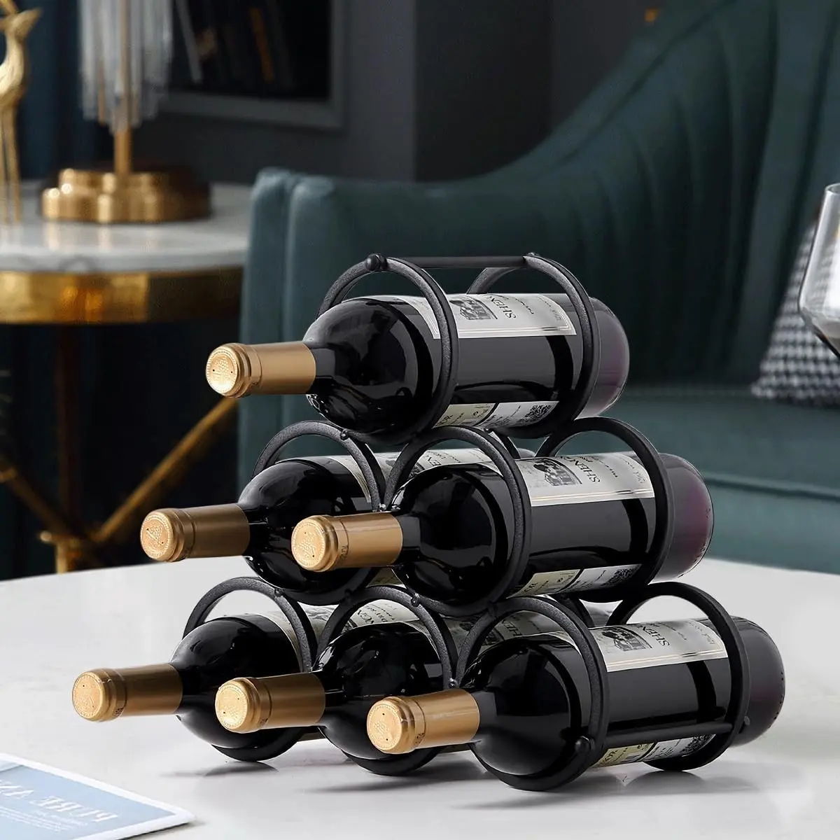 Small Tabletop Wine Rack 6 Bottles Triangle Freestanding Countertop Wine Bottle Holder Cabinet Pantry Wine Storage Stand Bottle Organizer for Coffee Bar Kitchen, Frosted Iron, Black
