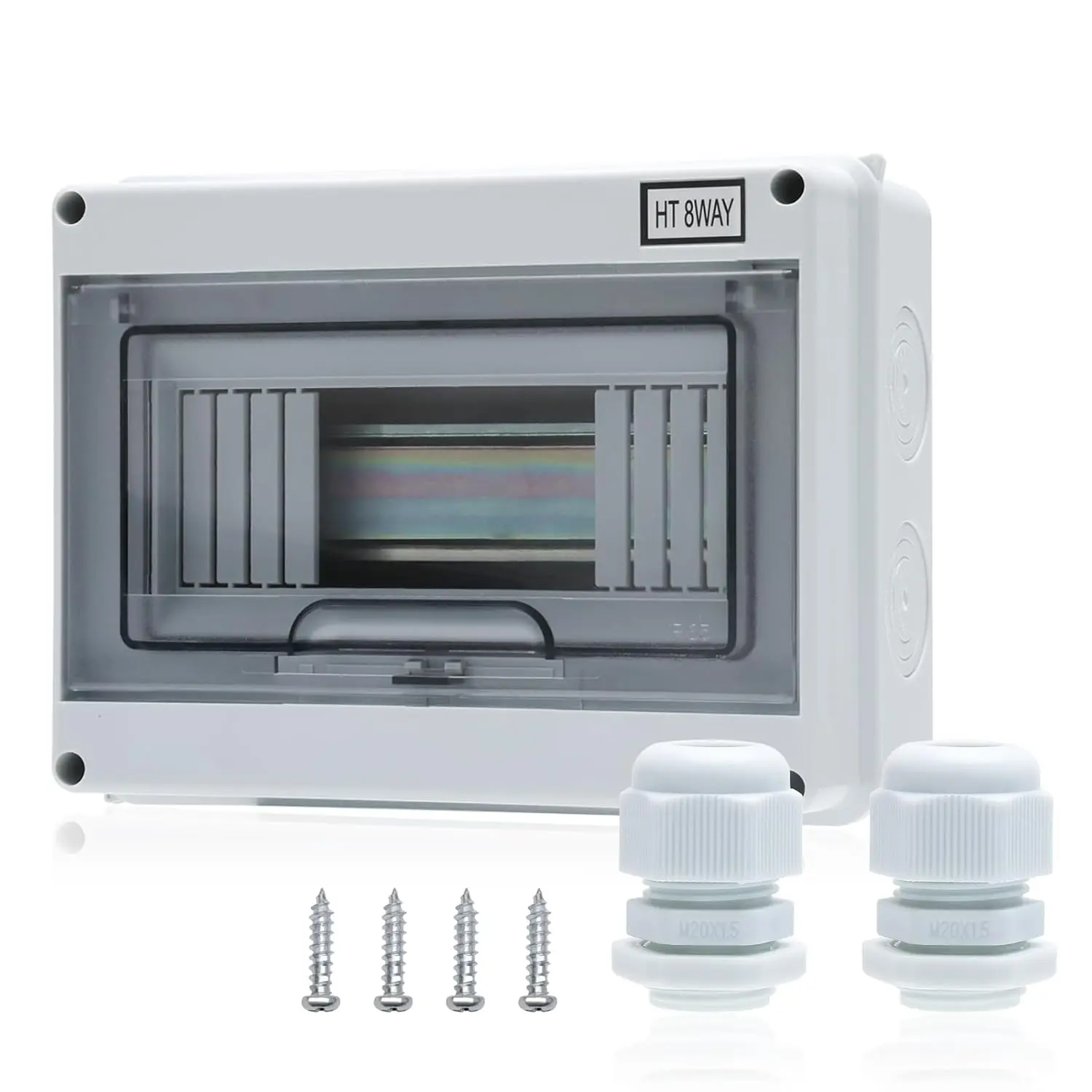 Home Supplies 8-Way ABS/PC Alloy Plastic Circuit Breaker Distribution Protection Box - Single Unit, Transparent Lid, IP66 Waterproof, DIN Rail Installation, Waterproof Connector