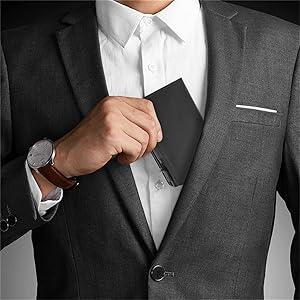 Slim Wallet for AirTag Genuine Leather RFID Credit Card Holder Automatic Pop up Wallet |   Slim Design Multipurpose Accessory for AirTag Case for Men (Black Leather)\u2026