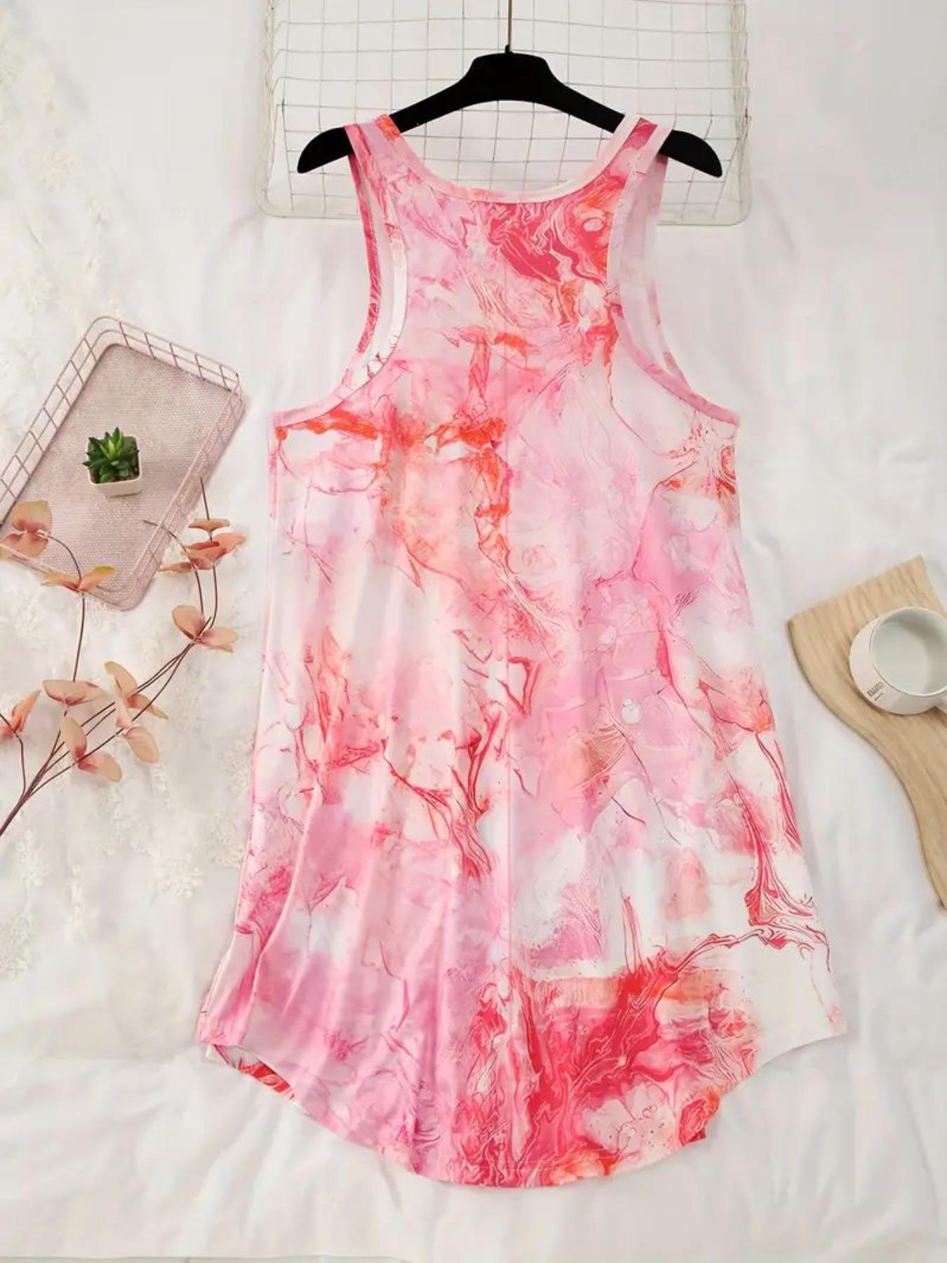 Plus Size Tie Dye Print Tank Nightdress, Casual Soft Comfortable Round Neck Sleeveless Nightgown For Women, Women's Sleepwear For All Seasons