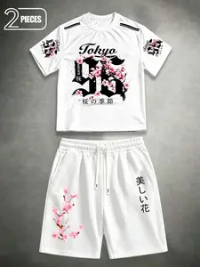 Men’s Tokyo Cherry Blossom Japanese Text Gothic Number Print Matching Tracksuit Crew Neck Short Sleeve Tee & Drawstring Casual Shorts Oriental Floral Street Two Piece Outfit For Summer Daily Travel Outdoor Street Leisure Wear#TrendingMens