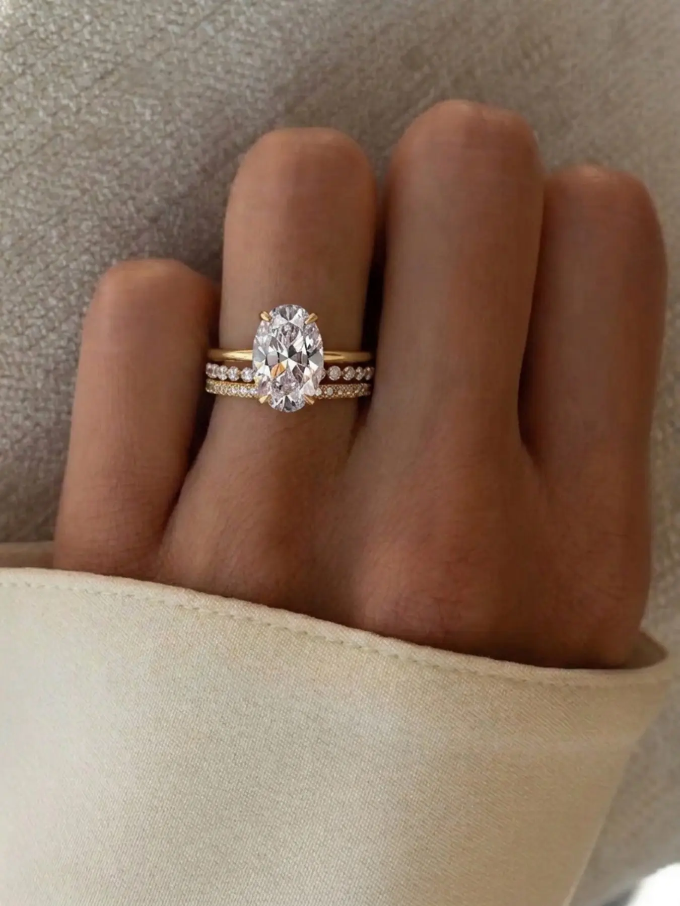 3 Piece Copper Gold Plated Stackable Rings, Fashion Engagement Ring, Elegant European Style Oval Zircon Engagement Set, Four Prong Diamond Double Layer Design