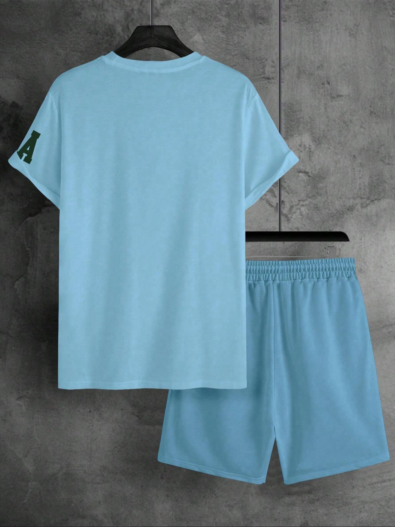 Two-Piece Set Men's Letter Print Short Sleeve Tee & Shorts Set, Regular Fit Casual Round Neck T-shirt & Track Shorts, Men's Summer Clothes, Menswear