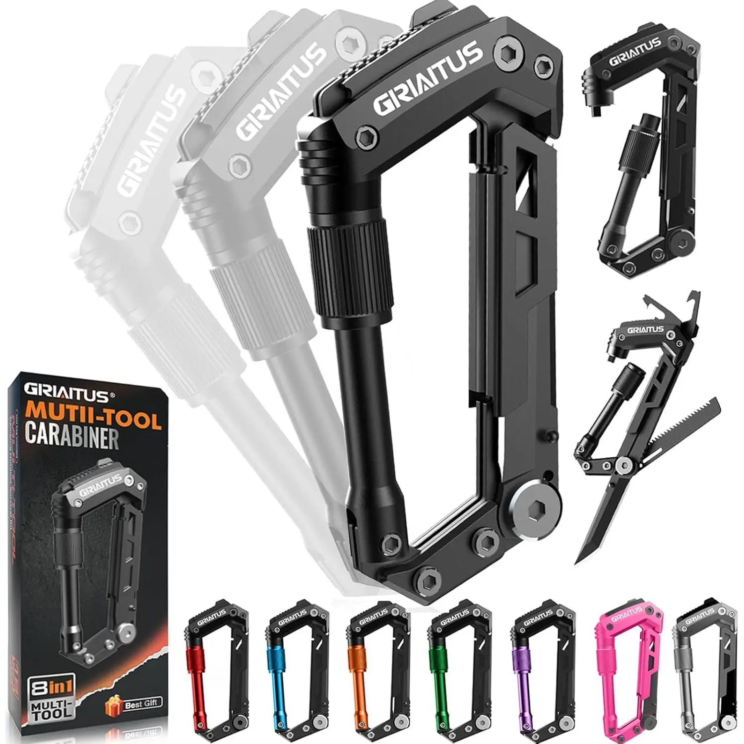 8-in-1 EDC Carabiner Multitool - Folding Pocket Knives, Bottle Opener, Rope, Screwdriver, Ruler, Black | Men's Gift Ideas for Camping, Hiking Pack Carry