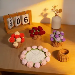 2 in 1 Crochet Flower Bouquet Coaster, Handmade Cup Mat Home Decor