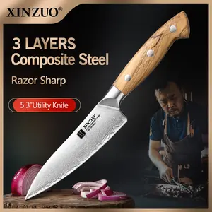 XINZUO 5.3 Inch High-Quality Utility Knife, Custom 3-Layer Composite Steel, Core Hardness 60±2HRC, Premium Olive Wood Handle, Kitchen Cutlery