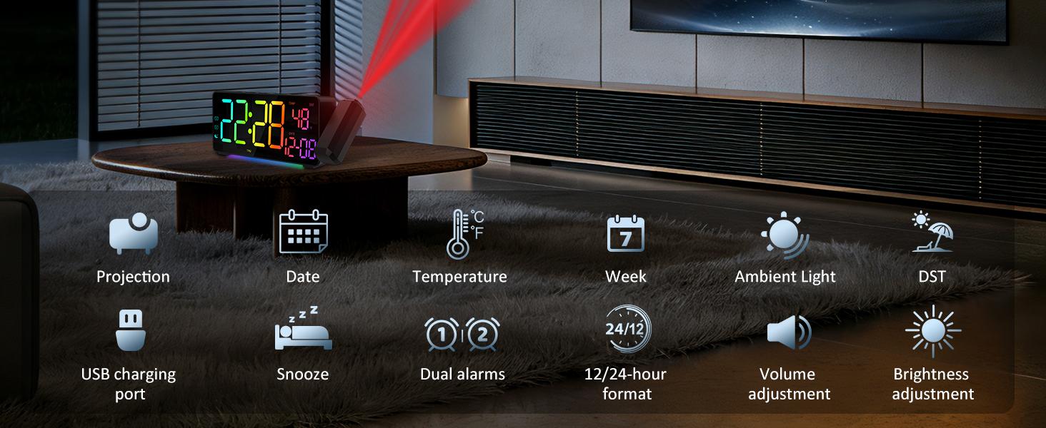 Projection Alarm Clocks, RGB Desk Clock with 180°   Rotatable Projector 15 Color Display, Date Temperature and Weekday, DST, Snooze, Ambient Lighting for Living Room,Bedroom Bedside Office Decor