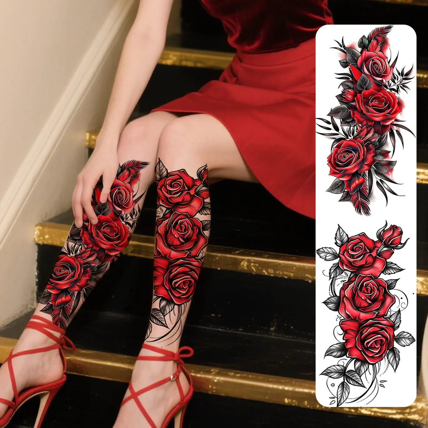 2pcs Red Black Flower Temporary Tattoo Stickers for Women, Waterproof & Long Lasting Fake Tattoo for Arm, Leg & Chest