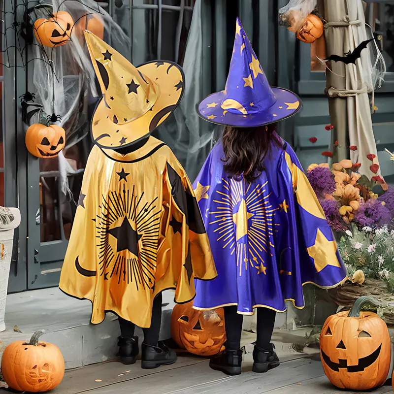 Halloween children's cape and hat set, magician cloak party costume, Halloween dress-up props, party cosplay outfit, kindergarten boys' and girls' costume