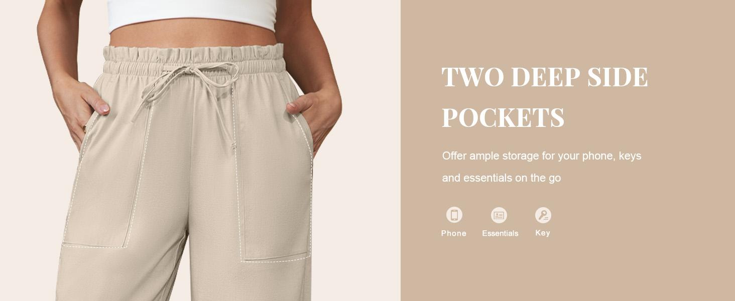 Womens Linen Wide Leg Pants, High Waisted Flowy Palazzo with Pockets Summer Drawstring Trousers Beach Travel Work