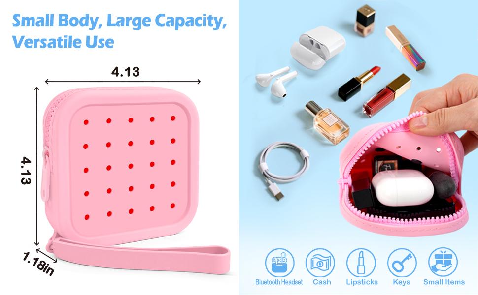 Small Silicone Pouch for Purse – Portable Organizer Bag, Mini Cosmetic Bag Holds Lipsticks, Coins, Travel Accessories, Zipper Pouch, Small Makeup Bag With 5 Charms(Pink)