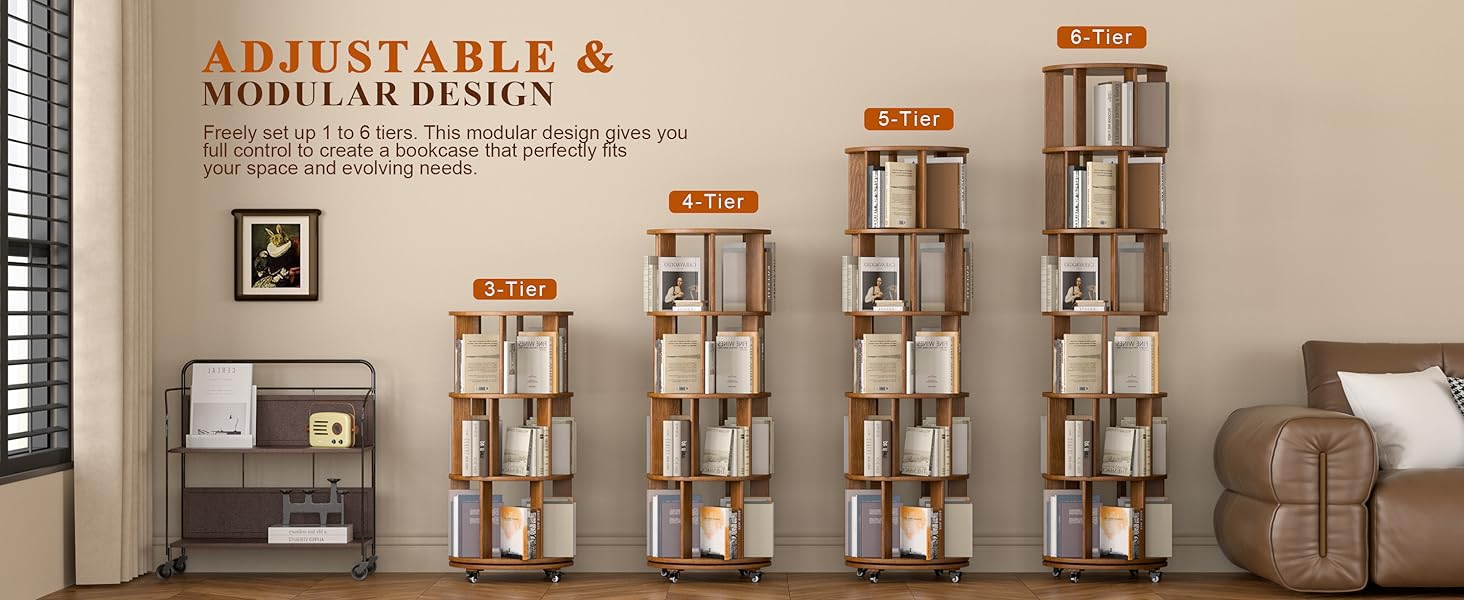 6 Tier Solid Wood Rotating Bookcase with Wheels Round Revolving Bookshelf Organizer 360° Spinning Storage Shelf for Corner Small Narrow Spaces Home Office Kids Room Drawers Organization Computer Desk