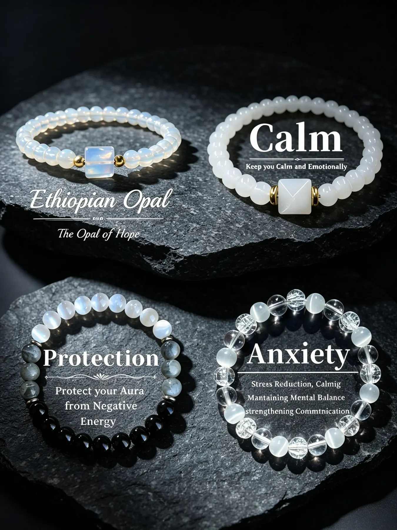 4Pcs White Gemstone Beaded Bracelet Set, Ethiopian Opal Clear Quartz Mixed Natural Stone Stretch Bracelets, Calm Anxiety Protection-Themed Stackable Spiritual Wrist Jewelry for Women Daily Wear & Gifting