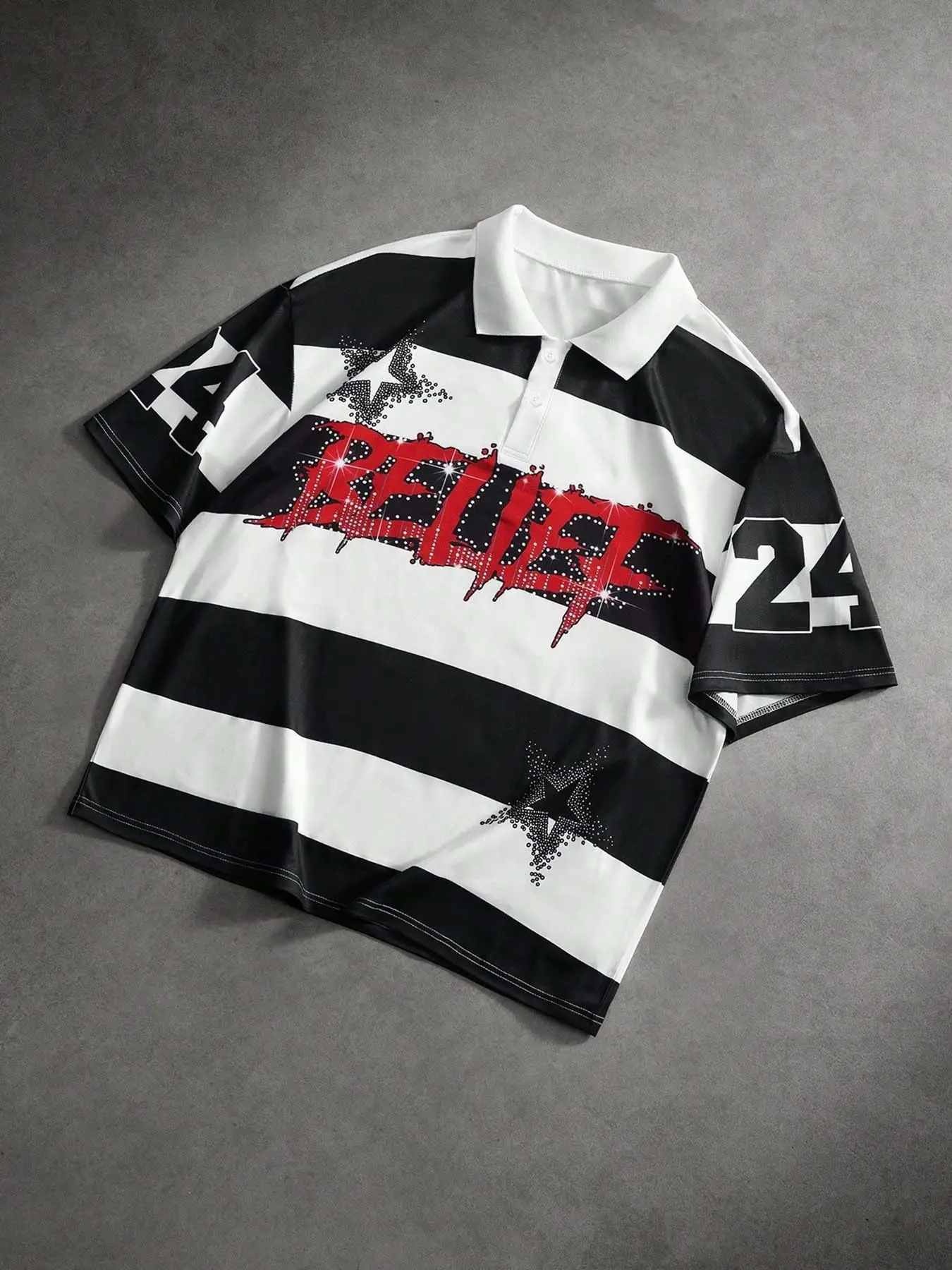 Men's black and white striped Knitted polo shirt with star and red graffiti letter prints, faith pattern on the front, full print of the Virgin Mary on the back, loose Y2K punk hip-hop street style. #Y2KStreetStyle #PunkPolo
