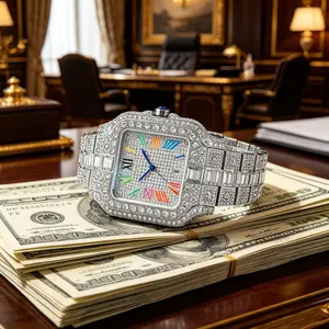 Men’s Iced Out Square Watch Full Bling Crystal Rainbow Roman Numeral Dial Stainless Steel Hip Hop Luxury Date Wrist Watch