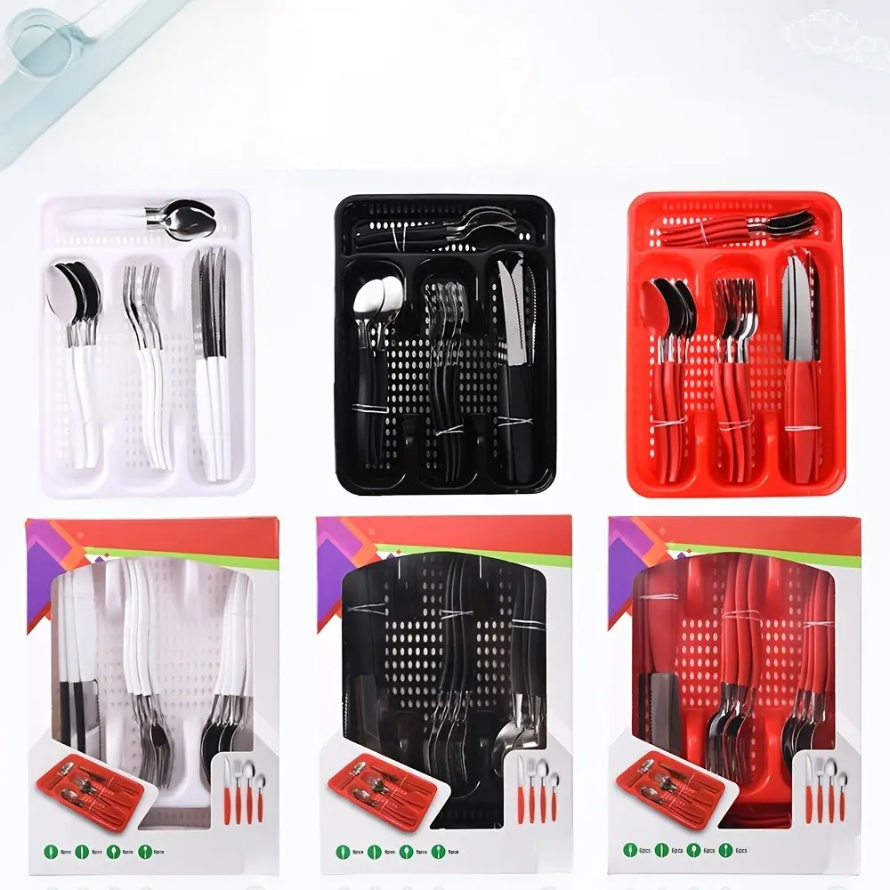 24pcs Stainless Steel Tableware Gift Box, Oblique Tail Plastic Handle Cutlery Set, Complete Household Western Food Utensils Including Knives, Forks And Spoons