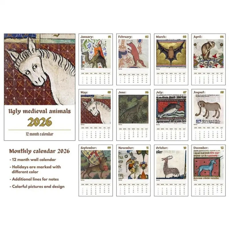 Unique Ugly Medieval Animals 2026 Wall Calendar, 12-Month Bizarre Beast Art Design, Ideal Gift for History Lovers & Collectors
