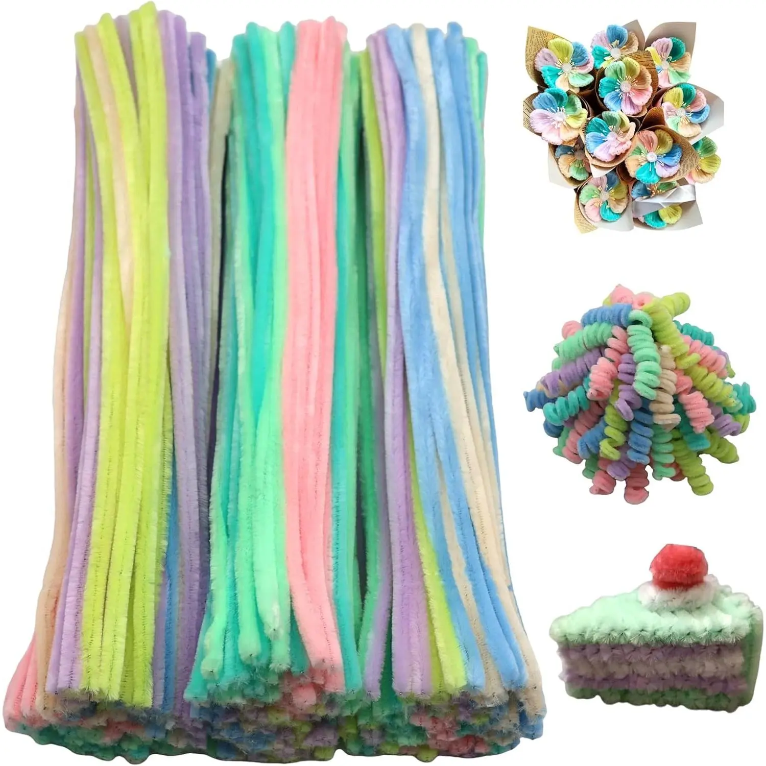 300 count Macaron-Color Pipe Cleaner Craft Set in 7  Colors,Thick Fuzzy Chenille Stem Pipe Cleaners for DIY Craft Flower Projects Holiday Decorations