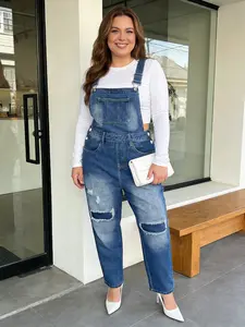 Plus Size Women's Fashion Washed Denim Overalls, Casual Loose Fit Bib Pants, All Seasons Wear, Perfect for Dates and Daily
