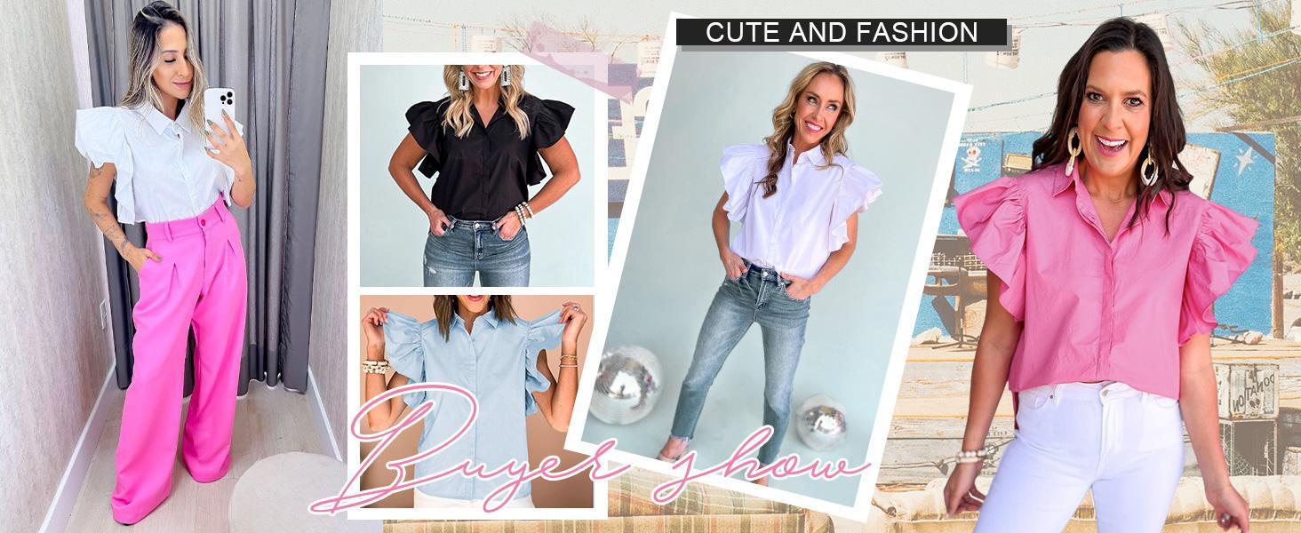 Imily Bela Womens Ruffle Button Down Shirts Cute Summer Short Sleeve Tops Blouse