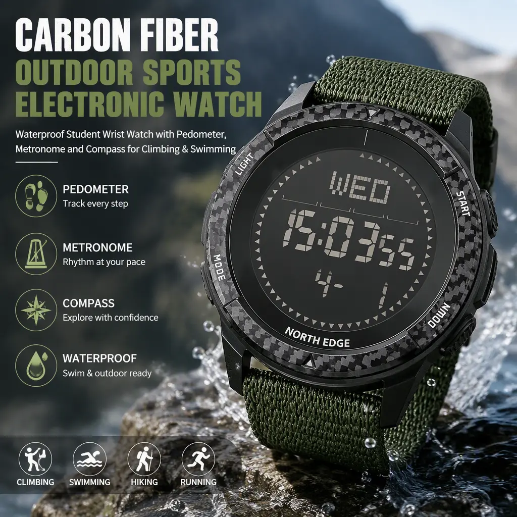 Student Waterproof Sports Watch, Carbon Fiber Electronic Watch with Pedometer, Compass and Metronome for Climbing Swimming Hiking