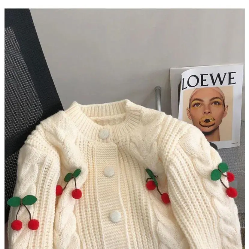 Women Cherry Sweater Cardigan Cute Cherries Pom Pom Cable Knit Button-Up Knit Coat Fall Winter Korean Kawaii Sweet Outfit