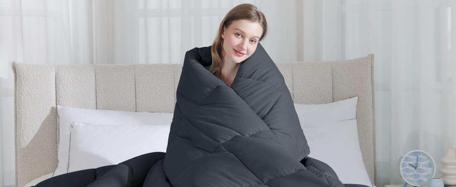 Queen Size Goose Feather Fiber and Down Comforter Duvet Insert All Season Hotel Luxury Bedding Comforters Soft Medium Warmth 88x88 Inches Dark Grey