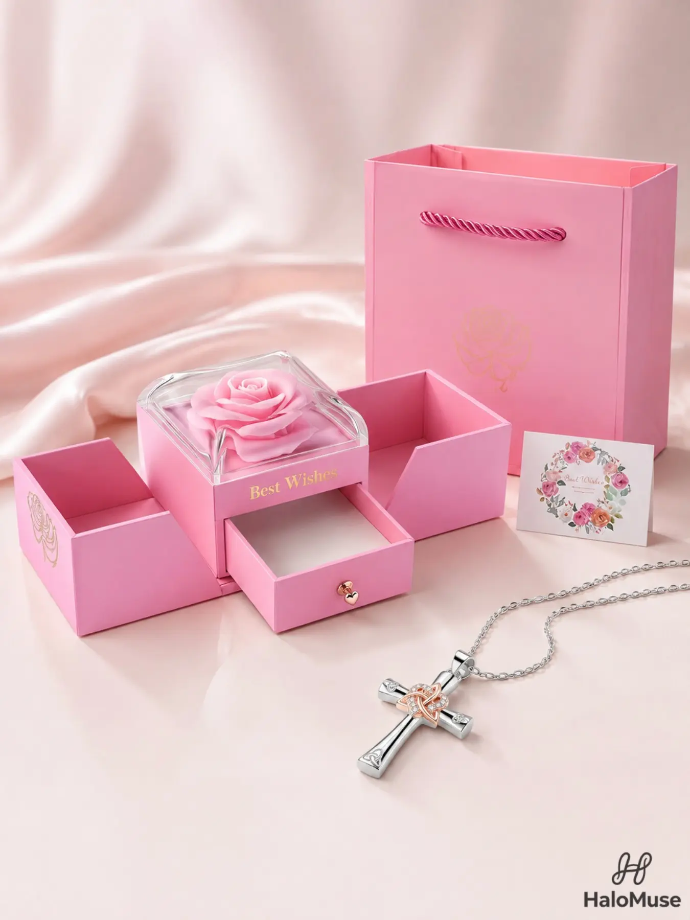 Halo Muse 1 Pcs Celtic Trinity Knot Cross Necklace Gift Set, Elegant Sparkling Diamond Pendant with Pink Rose Gift Box & Card, Jewelry for Women, Birthday Anniversary Gift