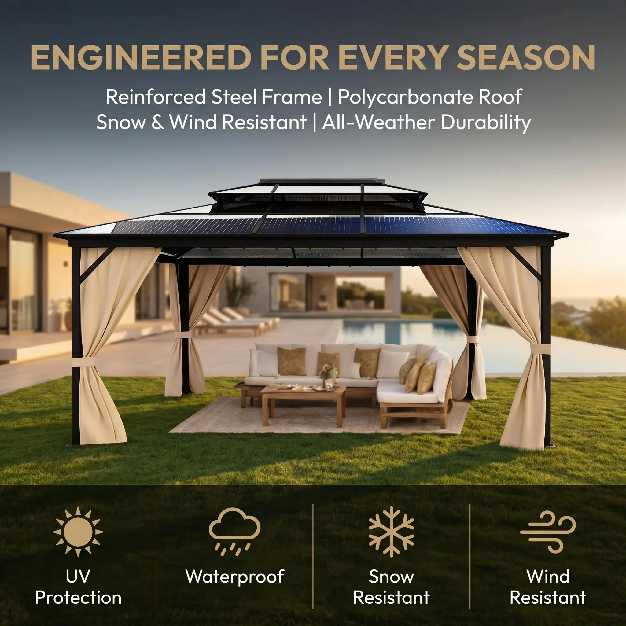 YJ-Garvee Heavy Duty Hardtop Gazebo 12'x16' – Double Polycarbonate Roof, Elegant,Sturdy,Aluminum Frame, Curtains & Netting, Weather-Resistant Permanent Outdoor Pavilion for Patio, Deck, Garden, Khaki