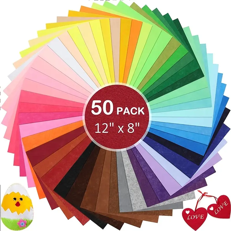 50 Pieces Felt Fabric Sheets - Assorted Colors Soft Nonwoven Fabric for DIY Crafts, Sewing Projects, Kids’ Art Supplies