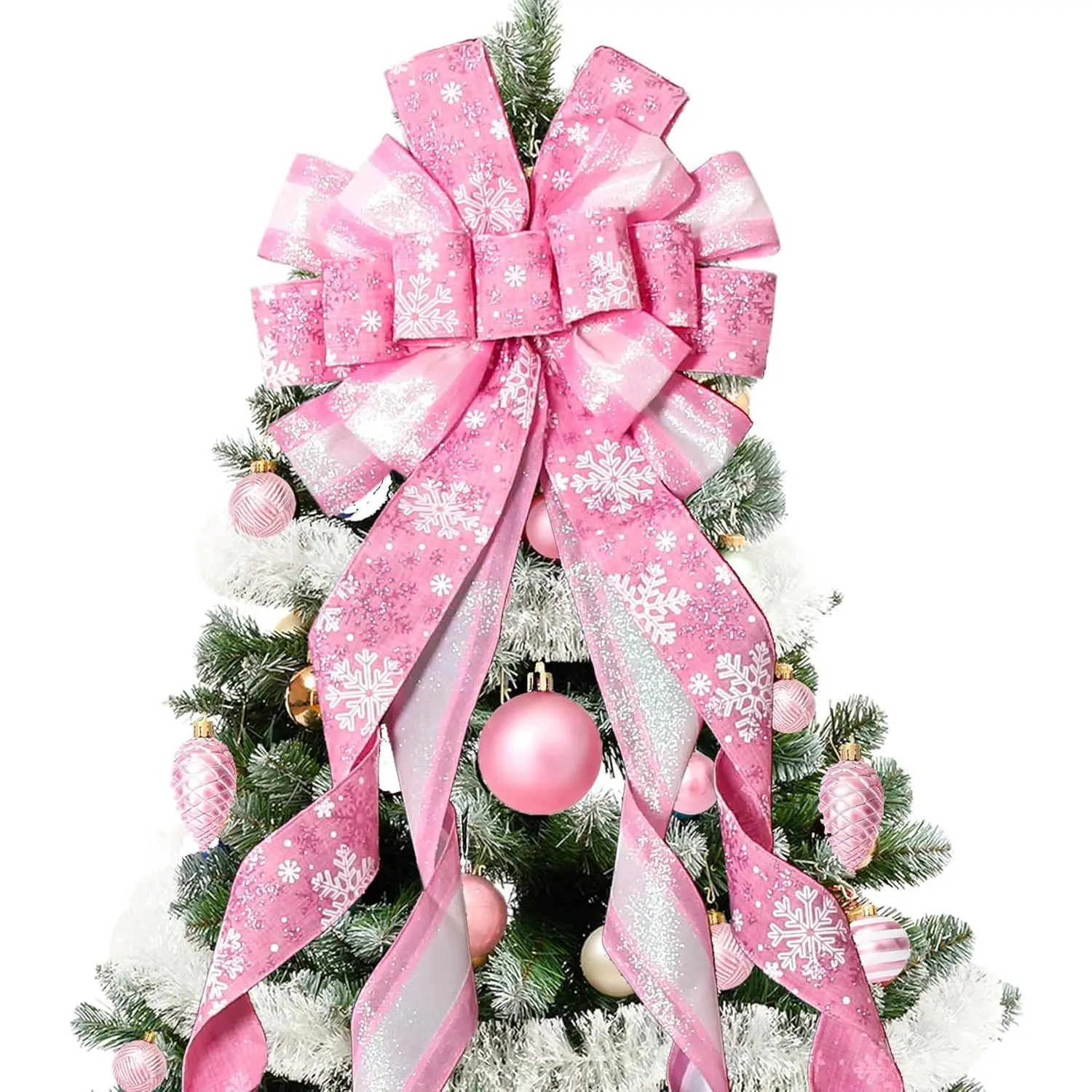 Large 52*13 inches Christmas Tree Topper Wreath Bow with Snowflake Pattern for Xmas Tree Home Indoor Outdoor Christmas Decoration Pink