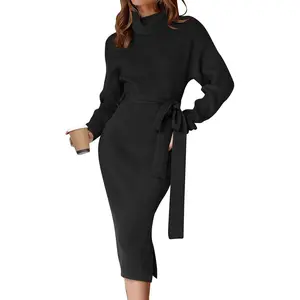 Beauty's WardrobeBeauty's WardrobeZESICA Women's Turtleneck Sweater Midi Dress Long Sleeve Ribbed Knit Bodycon Slit Dress with Belt
