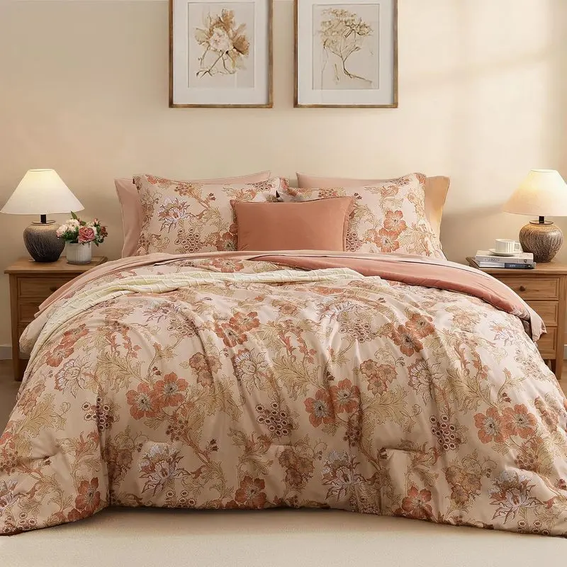 Terracotta Floral Comforter Set Queen Size, 7-Piece Bed in a Bag with Sheets, Vintage Botanical Cottagecore Bedding Set, Soft Lightweight All Season Comforter with Pillowcases & Shams