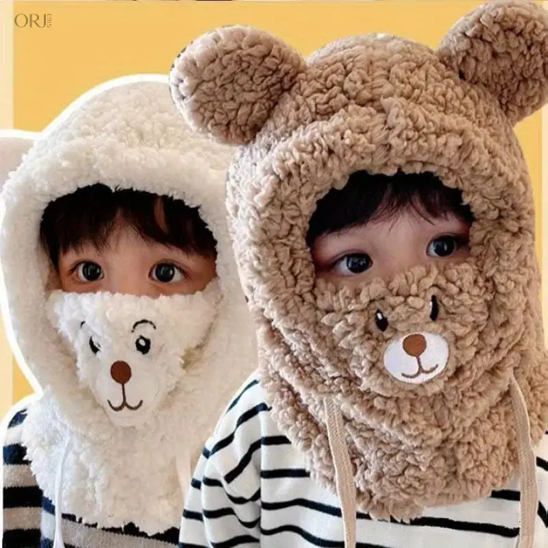 Unisex Anime Bear 3‑in‑1 Thermal Fleece Beanie Hat‑Scarf‑Mask Set, Double‑Layer Polyester Ear Warmer, Elastic Drawstring, Lightweight for Autumn Winter Christmas Daily Wear