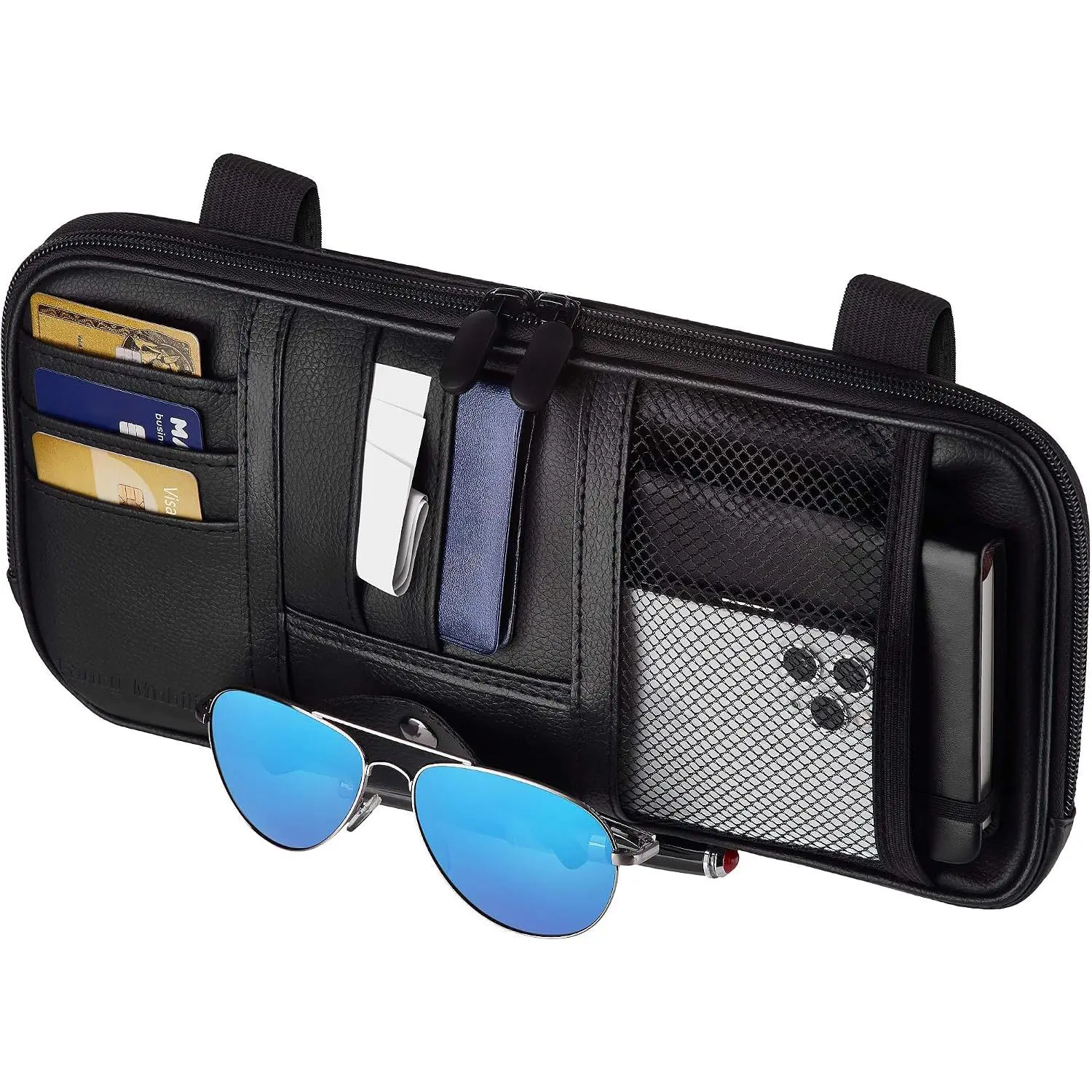 Sun Visor Organizer - Adjustable Fit for SUVs, Car Interior Stowing & Tidying Accessory with Glasses Holder, Full-Length Horizontal Pockets, Mesh Zips, Multiple Slots, 12.2x6.1in Black - Declutters for Safe Driving