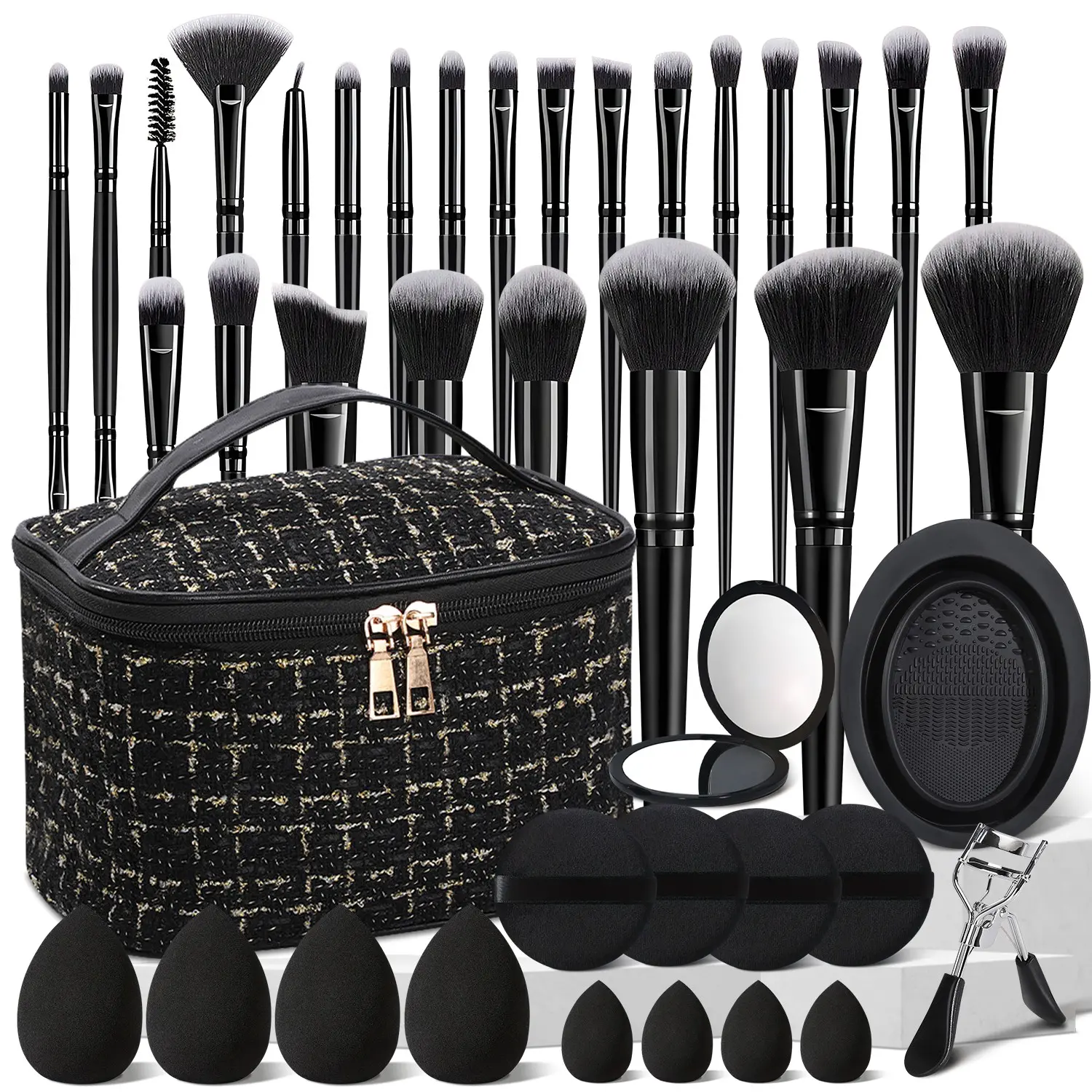 41pcs Makeup Brush Set, Soft Synthetic Bristles - Professional Beauty Kit - Eyeshadow, Contour Brushes, Makeup Sponges, Round Powder Puffs, Cleaning Tool, Eyelash Clips, Mirror, Cosmetics Accessories, Suitable for Sensitive And All Skin Types