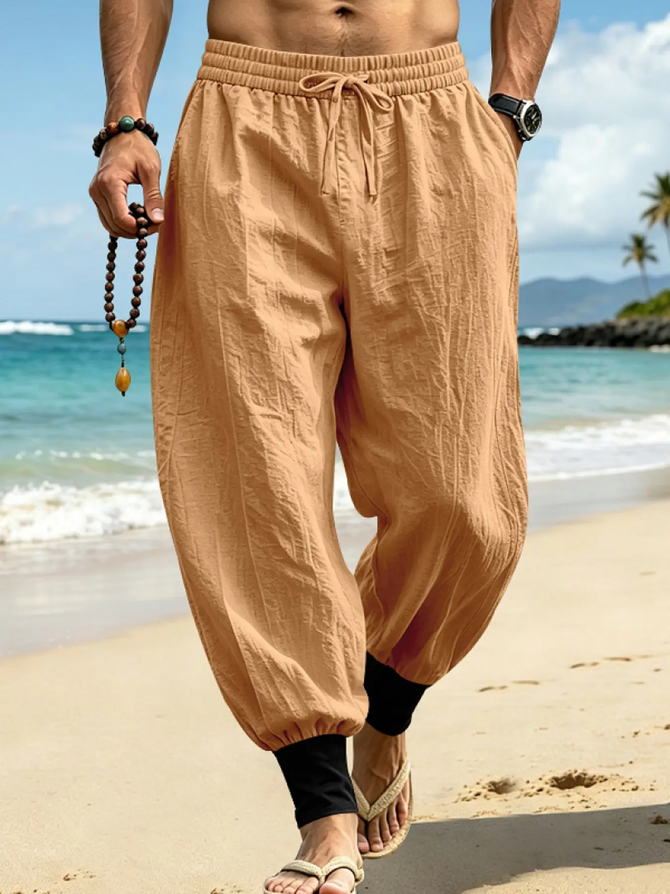Men's linen cuffed long pants, available in 8 colors! Lightweight, breathable, and loose ice-feel harem pants for summer, suitable for beach vacations and casual wear. Japanese-style wide-leg pants.