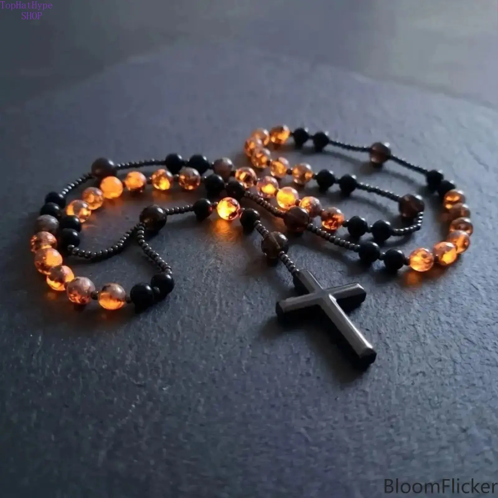Natural Obsidian Yooperlite Rosary Necklace, UV Fluorescent Protection Beaded Chain With Hematite Stone Cross Pendant, Spiritual Crystal Jewelry Gift For Her & Him Daily Religious Wear
