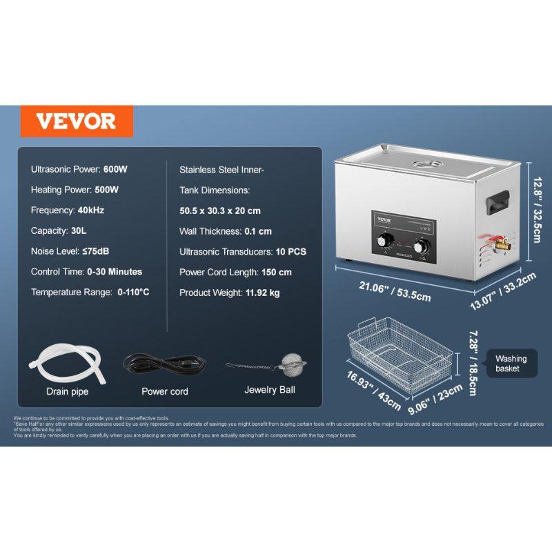 VEVOR 30L Ultrasonic Cleaner with Heater Timer Basket, Professional Digital Sonic Cavitation Machine, 360W Cleaning Machine for Lab Tools, Metal Parts, Carburetor, Brass, Auto Parts, Engine Parts